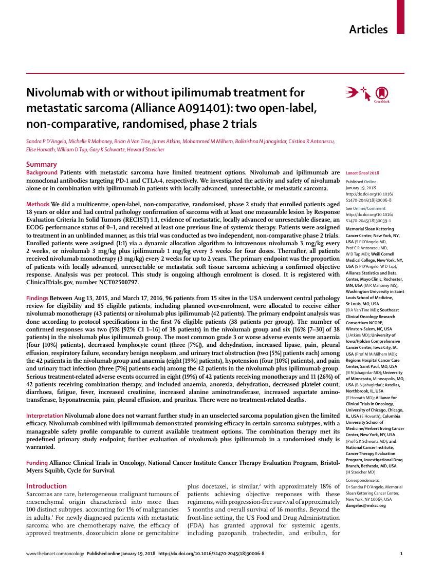 D'Angelo et al., Nivolumab with or without ipilimumab for metastatic sarcoma (Alliance A091401), Lancet Oncol 2018