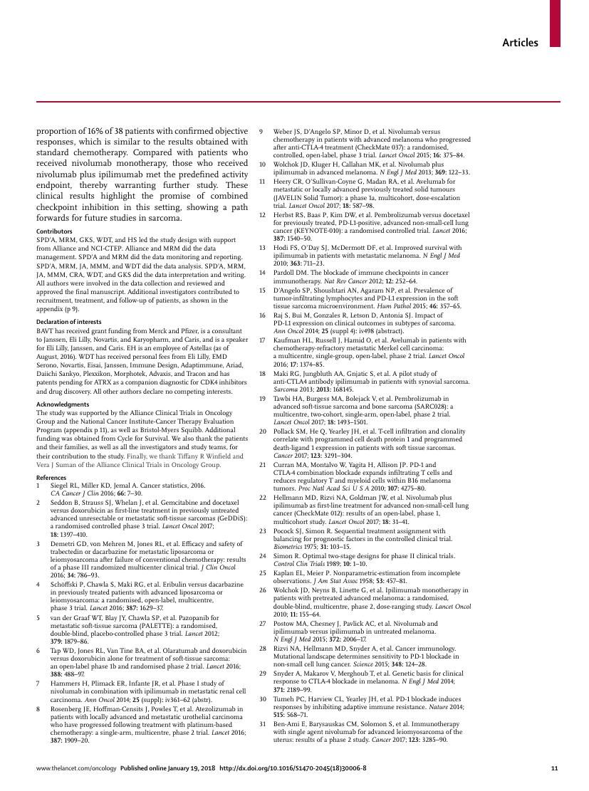 D'Angelo et al., Nivolumab with or without ipilimumab for metastatic sarcoma (Alliance A091401), Lancet Oncol 2018