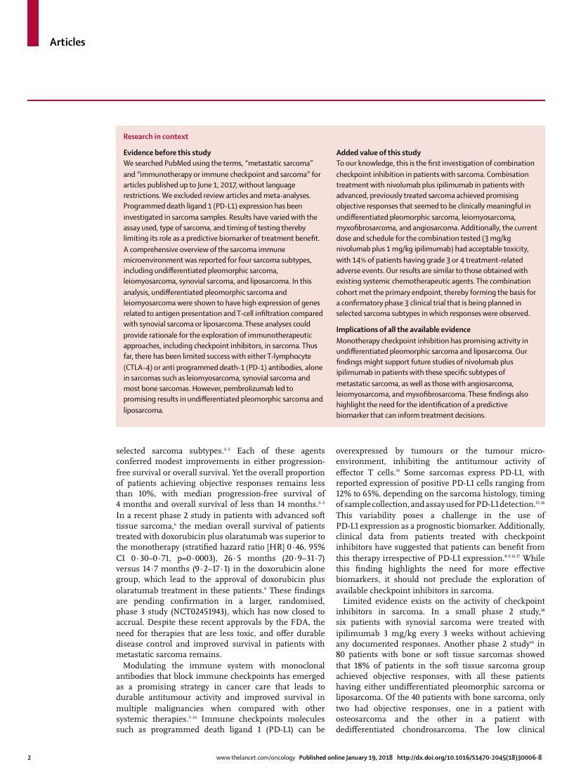 D'Angelo et al., Nivolumab with or without ipilimumab for metastatic sarcoma (Alliance A091401), Lancet Oncol 2018