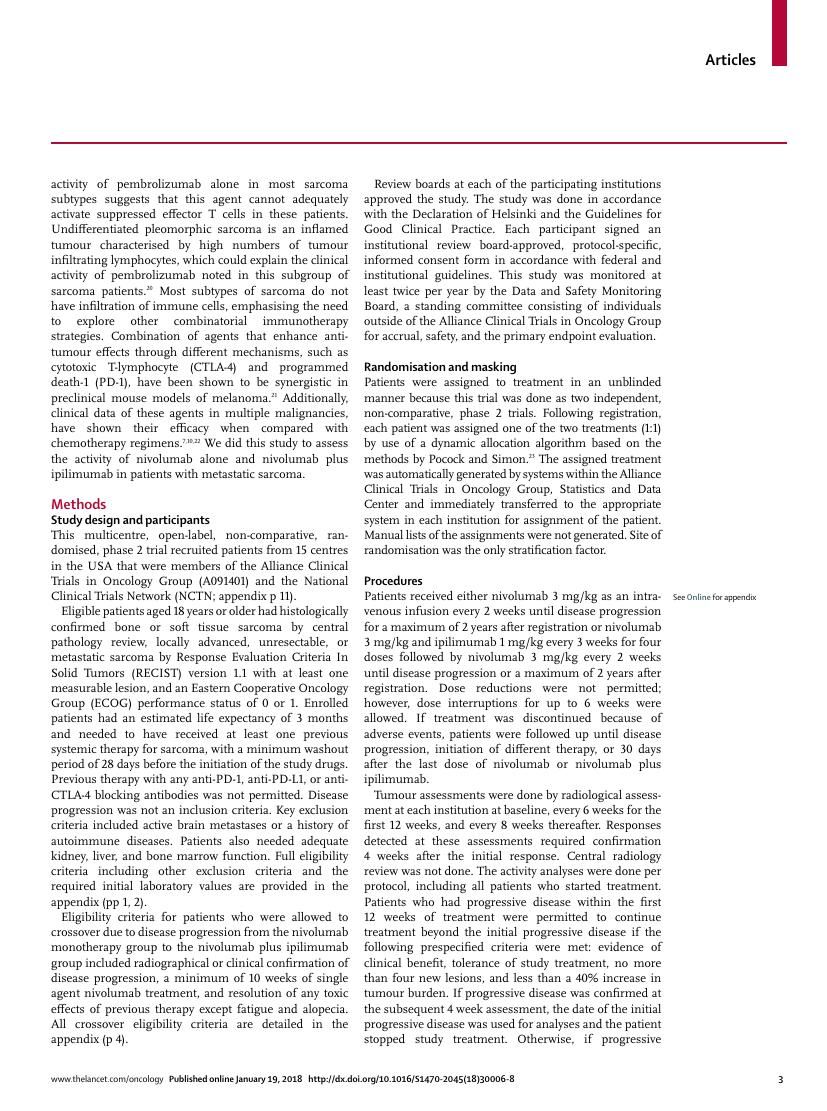 D'Angelo et al., Nivolumab with or without ipilimumab for metastatic sarcoma (Alliance A091401), Lancet Oncol 2018
