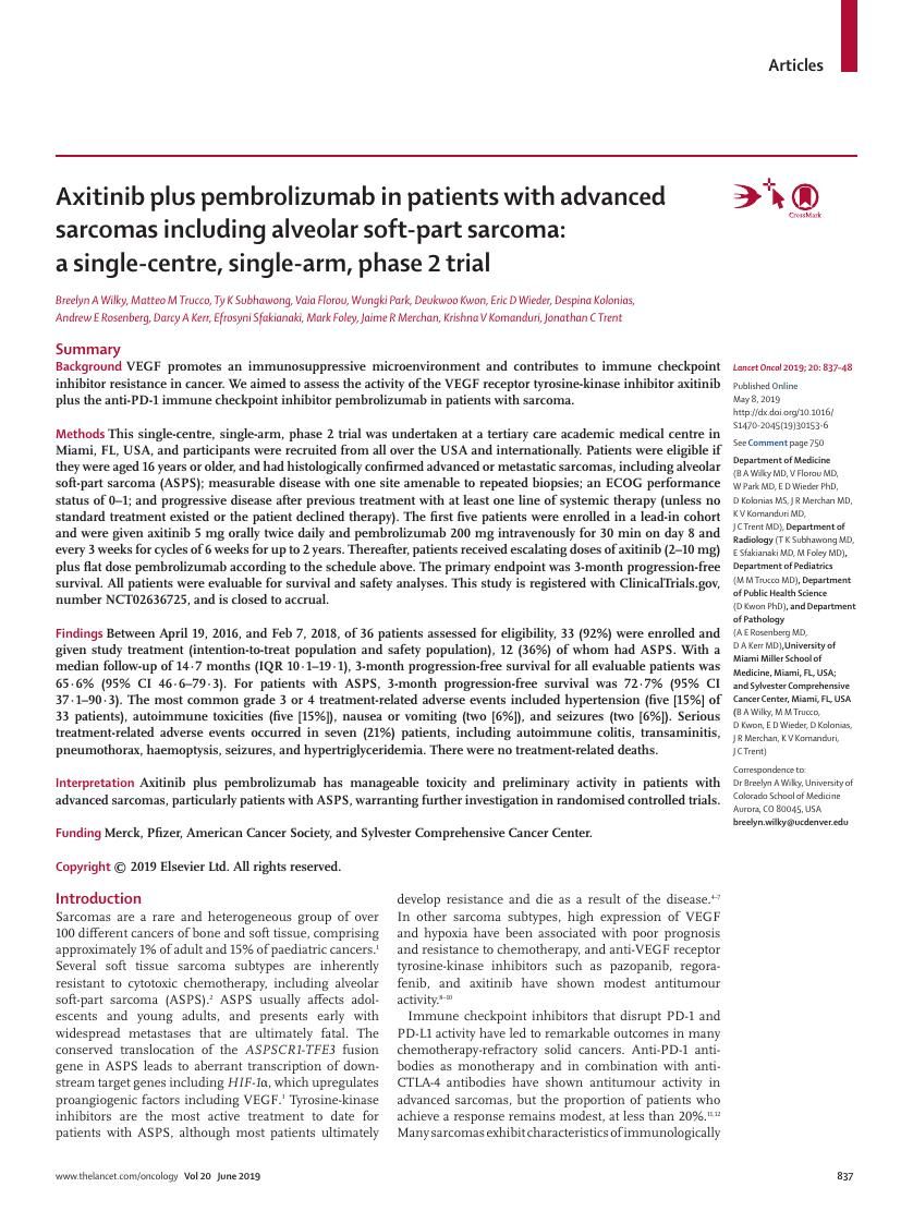 Wilky et al., Axitinib plus pembrolizumab in advanced sarcomas including alveolar soft-part sarcoma, Lancet Oncol 2019