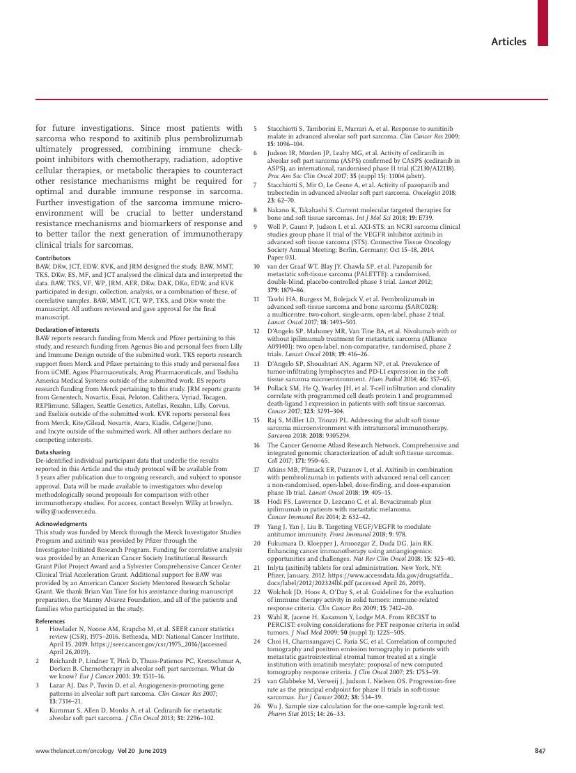 Wilky et al., Axitinib plus pembrolizumab in advanced sarcomas including alveolar soft-part sarcoma, Lancet Oncol 2019