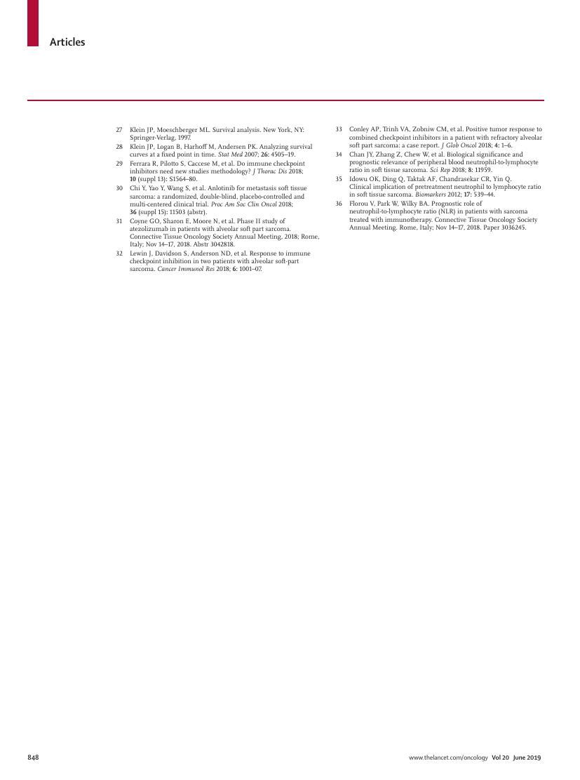 Wilky et al., Axitinib plus pembrolizumab in advanced sarcomas including alveolar soft-part sarcoma, Lancet Oncol 2019
