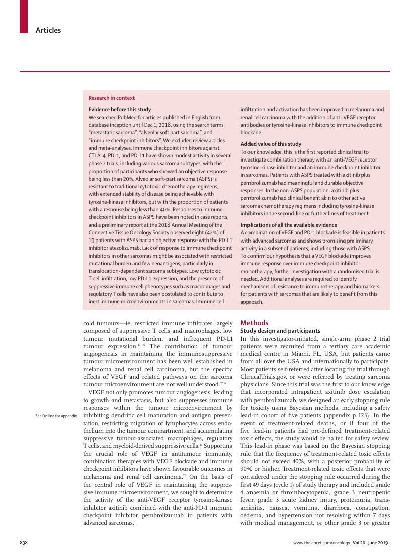 Wilky et al., Axitinib plus pembrolizumab in advanced sarcomas including alveolar soft-part sarcoma, Lancet Oncol 2019