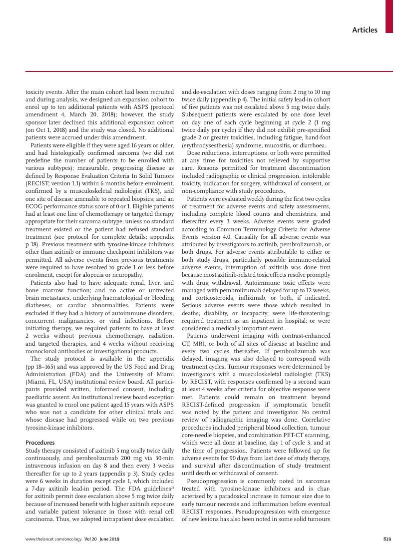 Wilky et al., Axitinib plus pembrolizumab in advanced sarcomas including alveolar soft-part sarcoma, Lancet Oncol 2019